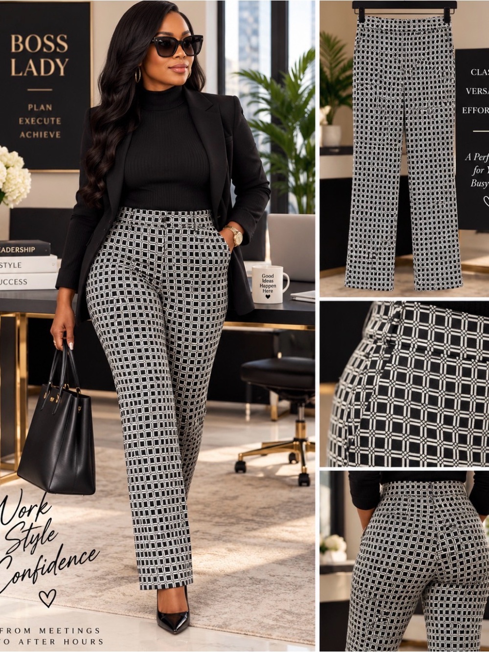 Classic High-Waist Geometric Print Trousers - Black & White